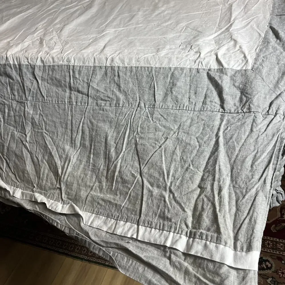 Pottery Barn 100% Linen Full Size Bedskirt Ties Grey White
